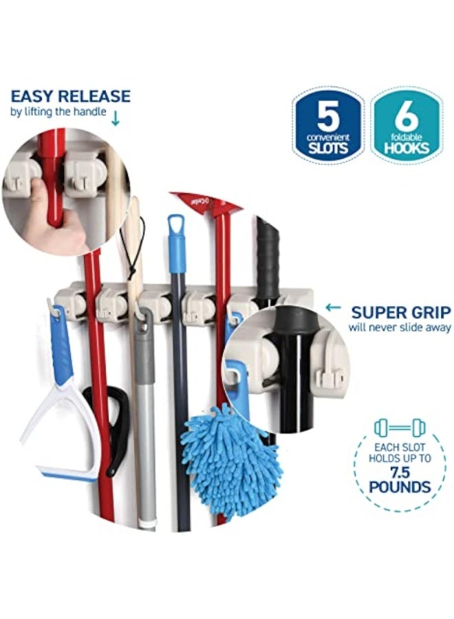 Plastic Mop & Broom Holder Wall Mount, 5 Position Organizer with 6 Hooks – Heavy-Duty Garage & Home Storage System - Image 4